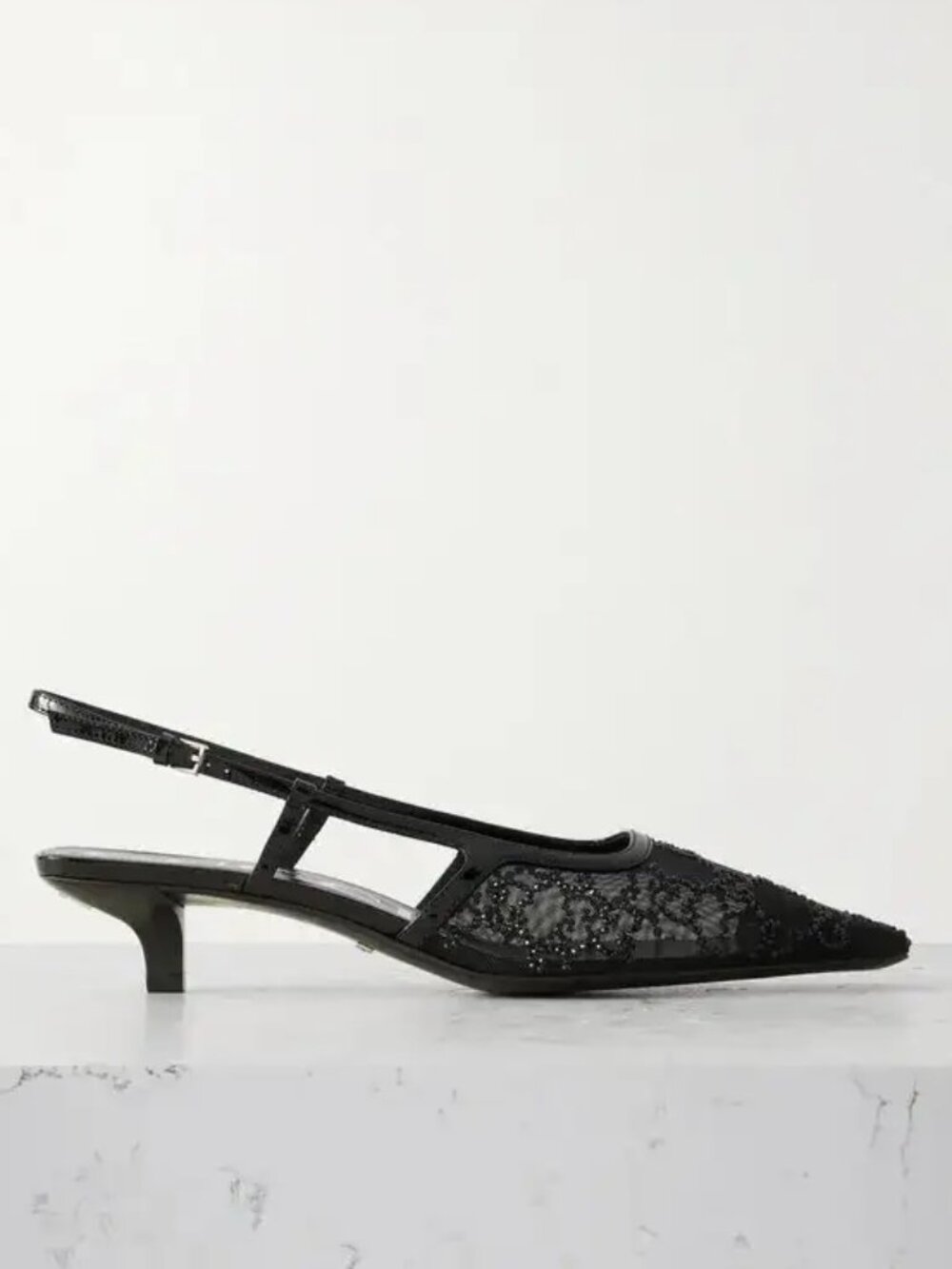 Gucci Crystal GG Monogram Demi Mesh Slingback Pumps Kitten Heels Sandals